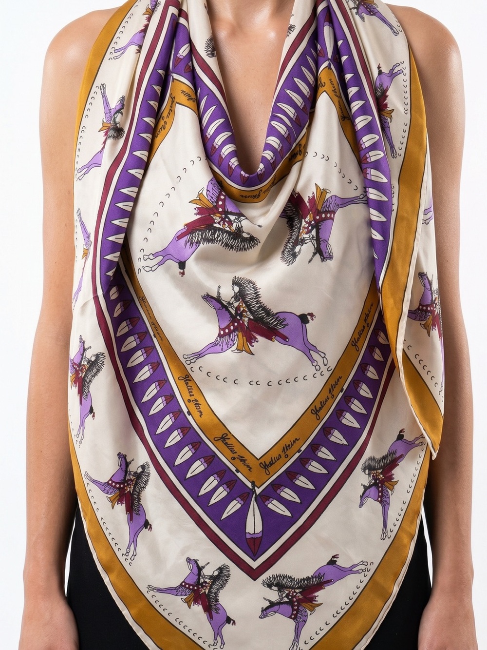 Vintage Native American Horse 100% Silk Rolled Hem Designer Scarf Handkerchief
